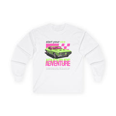 Unisex Longsleeve „Start Your Adventure“ – Retro Car Design, Weiß, Baumwolle